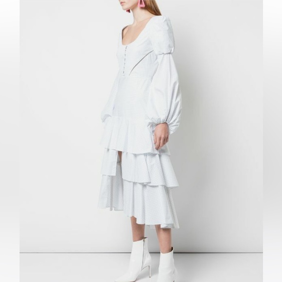 Jonathan Simkhai gingham poplin white plaid high low ruffle dress puff sleeves - Picture 3 of 11